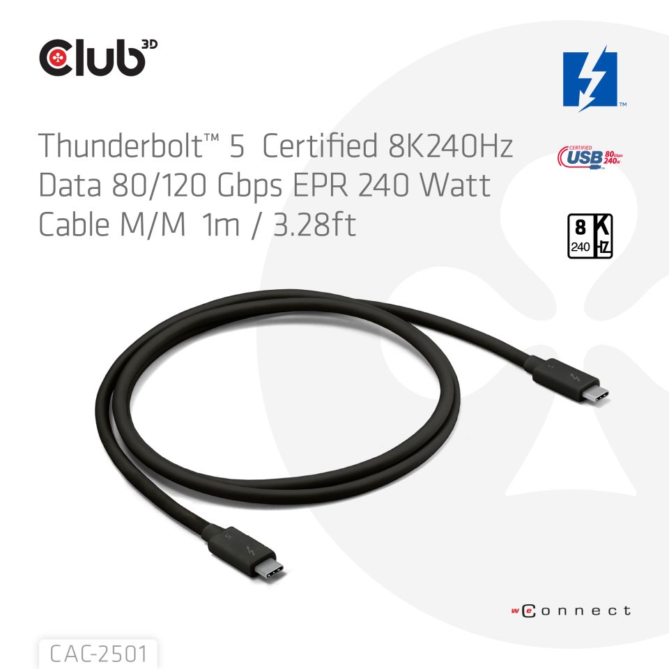 六郃彩：Club3D 推出 1m 長全功能雷電 5 線材，支持 DP2.1 Alt、240W USB PD EPR